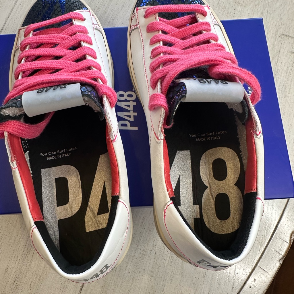 P448 Jack Petra Sneakers, Size 39(8), White/ Pink Stitching, Blue Hex Tongue